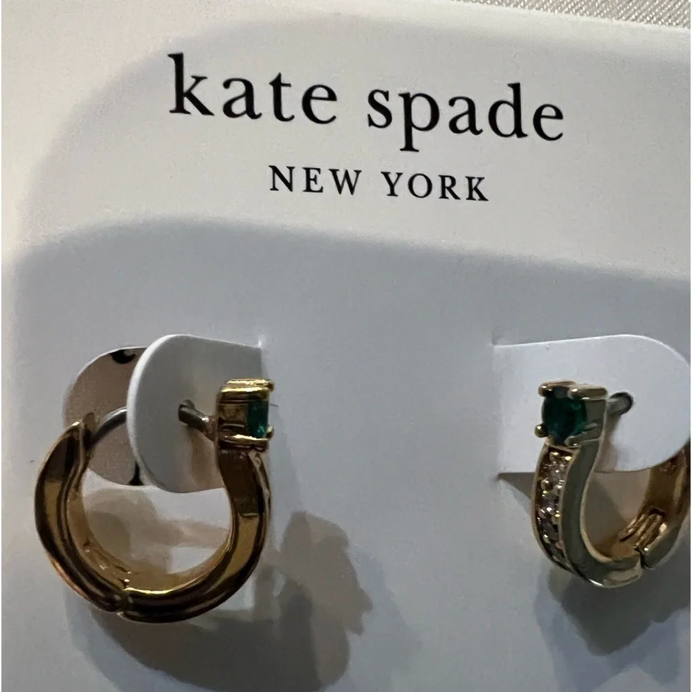 🆕Kate Spade New York Holiday Emerald Green Cubic Zirconia Huggie Earrings::NWT: